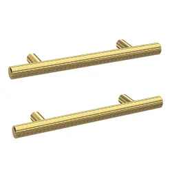 2 X Arezzo Industrial Style Knurled 'T' Bar Brushed Brass Handles (96mm Centres)