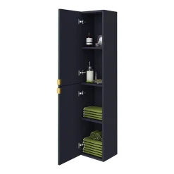 Arezzo Matt Blue Mirrored Wall Hung Tall Storage Cabinet With Brushed Brass Handles