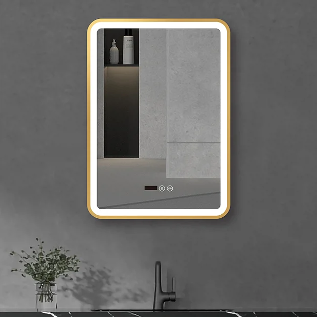 Arezzo Brushed Brass 500 X 700mm Rectangular LED Illuminated Anti-Fog Bathroom Mirror With Time Display 5 Arezzo Brushed Brass 500 X 700mm Rectangular LED Illuminated Anti-Fog Bathroom Mirror With Time Display - Image 5