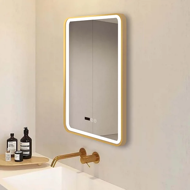 Arezzo Brushed Brass 500 X 700mm Rectangular LED Illuminated Anti-Fog Bathroom Mirror With Time Display 2 Arezzo Brushed Brass 500 X 700mm Rectangular LED Illuminated Anti-Fog Bathroom Mirror With Time Display - Image 2