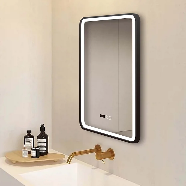 Arezzo Matt Black 500 X 700mm Rectangular LED Illuminated Anti-Fog Bathroom Mirror With Time Display 3 Arezzo Matt Black 500 X 700mm Rectangular LED Illuminated Anti-Fog Bathroom Mirror With Time Display - Image 3