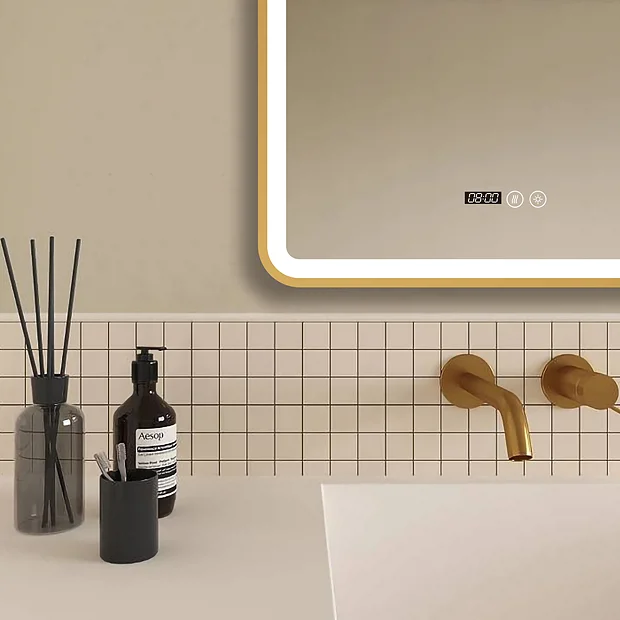 Arezzo Brushed Brass 600 X 800mm Rectangular LED Illuminated Anti-Fog Bathroom Mirror With Time Display 3 Arezzo Brushed Brass 600 X 800mm Rectangular LED Illuminated Anti-Fog Bathroom Mirror With Time Display - Image 3