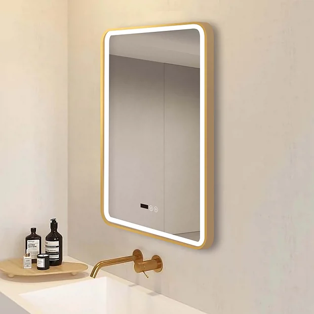 Arezzo Brushed Brass 600 X 800mm Rectangular LED Illuminated Anti-Fog Bathroom Mirror With Time Display 2 Arezzo Brushed Brass 600 X 800mm Rectangular LED Illuminated Anti-Fog Bathroom Mirror With Time Display - Image 2