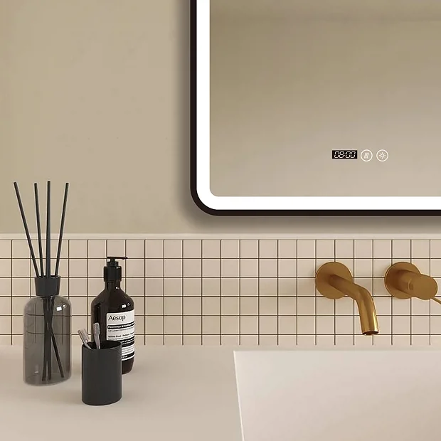 Arezzo Matt Black 600 X 800mm Rectangular LED Illuminated Anti-Fog Bathroom Mirror With Time Display 4 Arezzo Matt Black 600 X 800mm Rectangular LED Illuminated Anti-Fog Bathroom Mirror With Time Display - Image 4