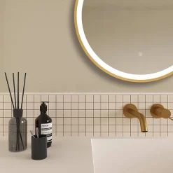 Arezzo Brushed Brass Hanging 600mm Round LED Illuminated Anti-Fog Bathroom Mirror