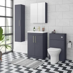 Arezzo Matt Blue Wall Hung Tall Storage Cabinet With Brushed Brass Handle -Default Template 3 azb14whcbb d3