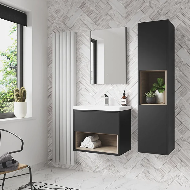 Arezzo Senza 1400mm Matt Black / Vicenza Oak Wall Hung Tall Unit 1 Arezzo Senza 1400mm Matt Black / Vicenza Oak Wall Hung Tall Unit