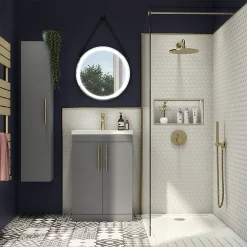 Arezzo Wall Hung Tall Storage Cabinet - Matt Grey - With Industrial Style Brushed Brass Handle