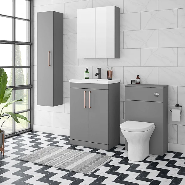 Arezzo Matt Grey Wall Hung Tall Storage Cabinet With Rose Gold Handle 1 Arezzo Matt Grey Wall Hung Tall Storage Cabinet With Rose Gold Handle