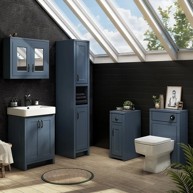 Chatsworth Blue 2-Door Mirror Cabinet - 690mm Wide With Matt Black Handles 3 Chatsworth Blue 2-Door Mirror Cabinet - 690mm Wide With Matt Black Handles - Image 3