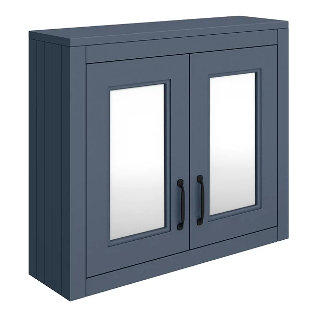 Chatsworth Blue 2-Door Mirror Cabinet - 690mm Wide With Matt Black Handles 1 Chatsworth Blue 2-Door Mirror Cabinet - 690mm Wide With Matt Black Handles