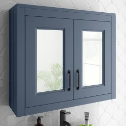 Alternative view of Chatsworth Blue 2-Door Mirror Cabinet - 690mm Wide With Matt Black Handles