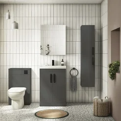 Klyn Bathroom Brooklyn Gloss Grey Wall Hung Tall Storage Cabinet With Matt Black Handles