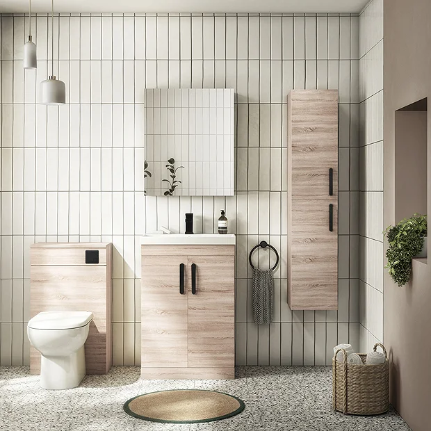 Klyn Bathroom Brooklyn Natural Oak Wall Hung Tall Storage Cabinet With Matt Black Handles 1 Klyn Bathroom Brooklyn Natural Oak Wall Hung Tall Storage Cabinet With Matt Black Handles