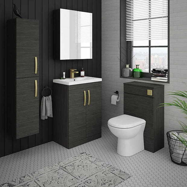 Klyn Bathroom Brooklyn Black Wall Hung Tall Storage Cabinet With Brushed Brass Handles 1 Klyn Bathroom Brooklyn Black Wall Hung Tall Storage Cabinet With Brushed Brass Handles